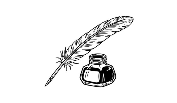 Hand drawn quill pen and inkwell black vector illustration vintage writing set isolated on white