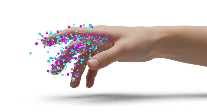A hand interacting with colorful particles, symbolizing technology and connection. The particles are a mix of colors, seemingly dissolving from the fingertips