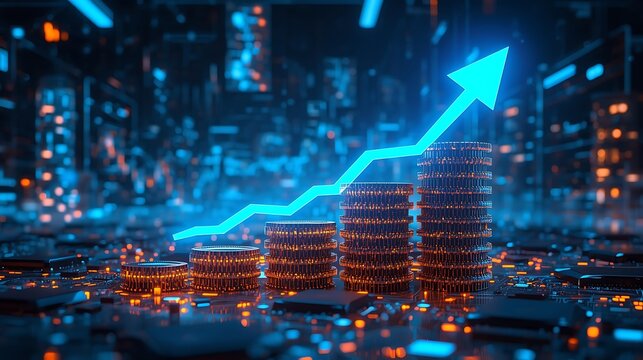 Generative Ai visualizes economic growth through illuminated digital coins and upward arrow