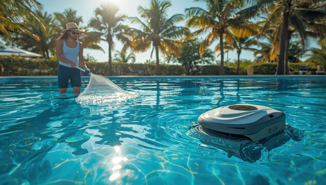 Pool upkeep using a net and robotic cleaner.