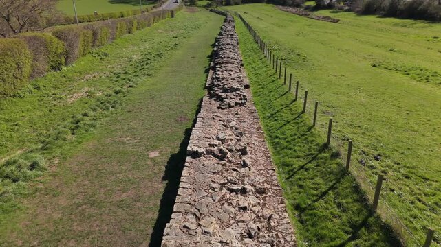 Heddon-on-the-Wall Northumberland UK: 2nd April 2026: Aerial drone view captures a section of the Roman Wall (Hadrian's) at Heddon Village in public park