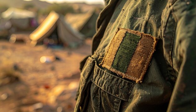 A mended fabric patch stitched onto a faded olive drab military garment with a camp in the background