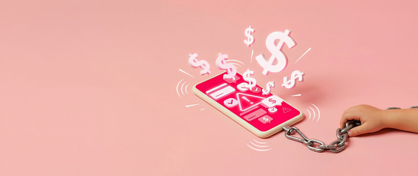 Mobile payment risk and overspending warning, smartphone with aggressive money pop ups and chained user concept