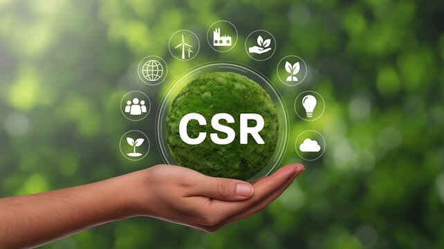 Hand holding CSR concept sphere with environmental icons in soft green background