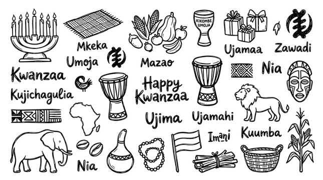 Kwanzaa celebration symbols and principles illustrated with African cultural elements and traditional objects