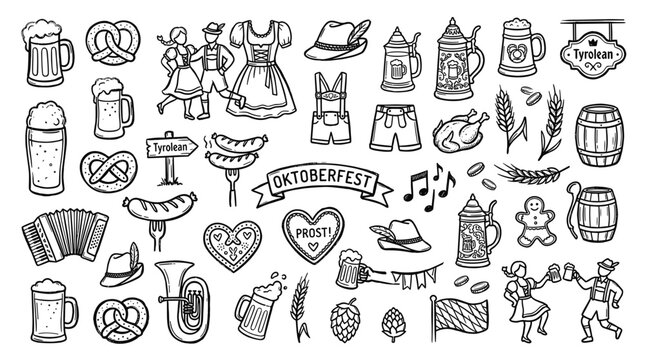 Oktoberfest celebration doodles with traditional Bavarian elements like beer mugs, pretzels, lederhosen, dirndl, and musical instruments, hand-drawn sketch style