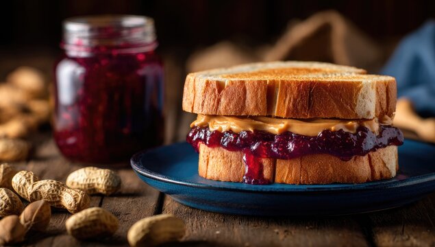 Peanut Butter and Jelly Sandwich on Toasted Bread with Jam Jar and Peanuts Rustic Table Setting Macro Detail