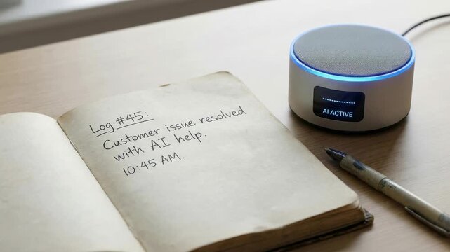 Customer support smart speaker voice assistant with artificial intelligence chatbot automation, notebook pen desk workspace notes AI assistant device