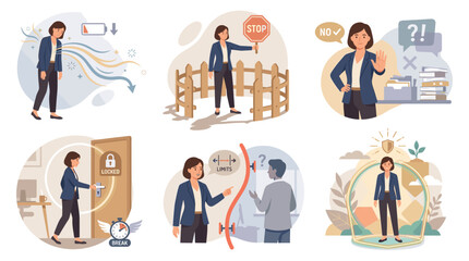 Fototapeta premium Mental health illustrations show coping with stress and anxiety through therapy