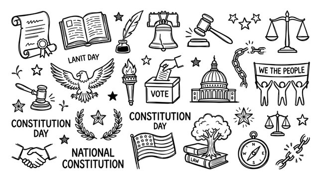 Collection of hand drawn symbols representing American constitution day national symbols and democratic process elements like voting and justice scales