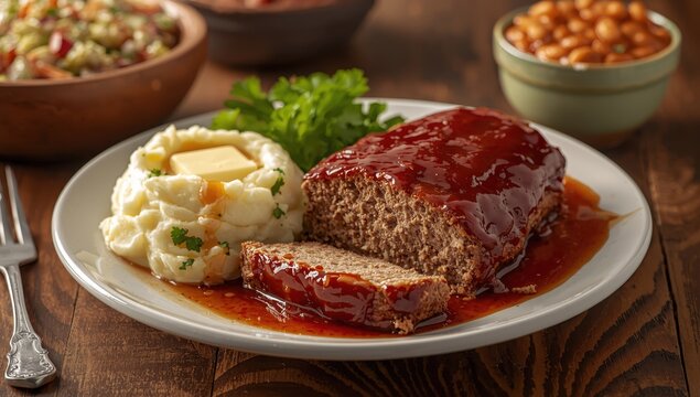 Robust barbecue meatloaf served with mashed potatoes.