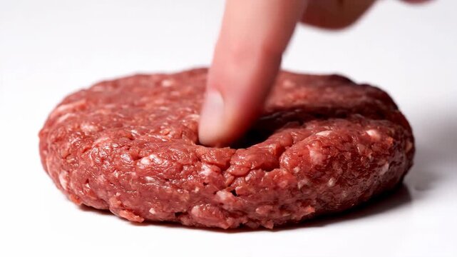 Food tech alternative proteins raw beef patty finger press texture closeup on white background for sustainable nutrition kitchen concept video