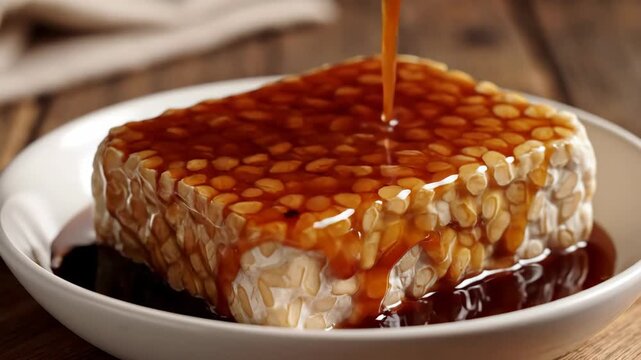 Food tempeh soy sauce fermentation close up, plant based food tech alternative proteins tempeh with savory sauce plate for vegan protein cuisine