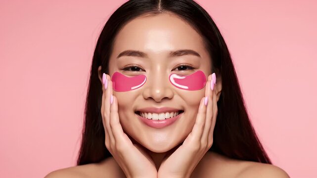 Beautiful Asian woman with eye patches smiling and holding her face.