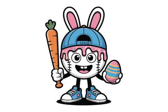 A charming cartoon egg character wearing a baseball cap and holding a carrot and easter egg on transparent background high-quality.