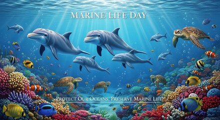 Obraz premium Marine life day illustration with dolphins turtles fish and coral reef.