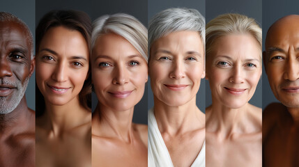 Obraz premium Portrait series of individuals of different ethnicities, ages, and body types celebrating diversity and natural beauty, wide aspect ratio, inclusive representation, with copy space