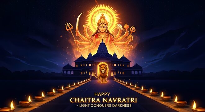 Majestic durga goddess appearing above temple during chaitra navratri festival with lion guardian and path of glowing oil lamps.