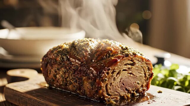 Roast beef sliced with herb crust steam dinner on rustic wooden board, warm light bokeh, food tech alternative proteins concept, hearty juicy cuts