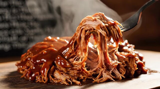 Food barbecue pulled pork meat sauce fork closeup dinner with food tech insights alternative proteins, pulled pork barbecue meat fork sauce close up