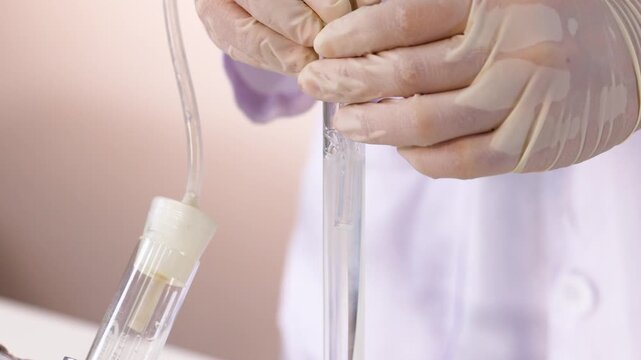 Laboratory scientist performing titration with glass burette and chemical solution in research facility.