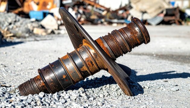 Rusted Industrial Metal Strut Significantly Distorted Lying Amidst Rough Gravel Ground