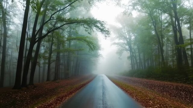 A fog-shrouded road winds through a forest, sunlight barely penetrates the trees