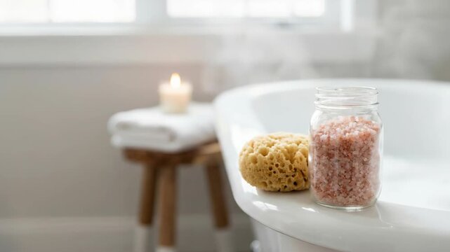 Quiet luxury daily routine spa bathroom bath relaxation with white bathtub, bath salt, sponge and candle, wellness and soft natural light