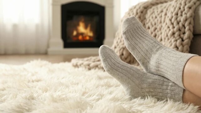 Quiet luxury daily routine in cozy living room with warm sock feet by fireplace, soft rug and knit blanket creating calm home comfort