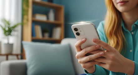 Fototapeta premium Woman's hands interact with a glowing smartphone screen at home, highlighting modern mobile communication technology
