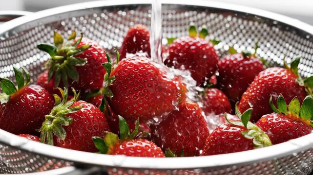 Fresh ripe red strawberry washing in nder under running water, fresh kitchen routine for clean eating hygiene, quiet luxury food prep mood