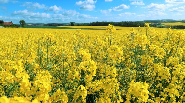 Paysage de printemps avec des tiges de colza (brassica napus) couvertes de fleurs jaunes dans un champ en Champagne Ardenne, dans la r&eacute;gion Grand Est, sous un ciel bleu (France)