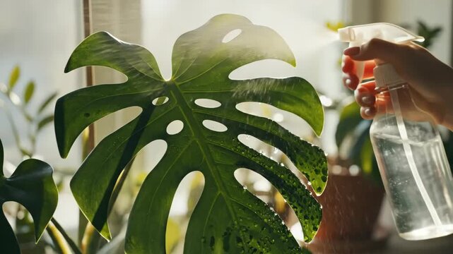 Houseplant monstera leaf spray bottle watering indoor plant quiet luxury daily routine in sunlight home care with hand misting fresh green foliage