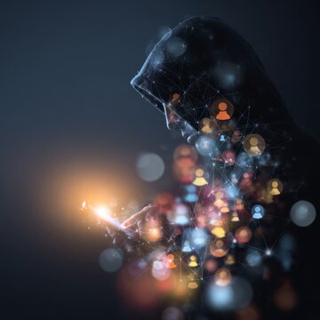 Ciphered realms: the hidden world of digital security. Connected people concept. Subtle cybersecurity: a hacker's digital dance with ai icons. Internet friends network.