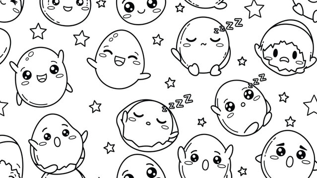 Black and white cartoon ghost faces with stars and sleepy expressions on white background