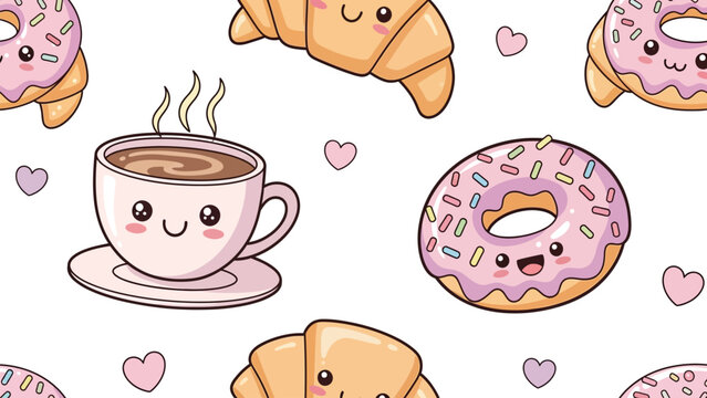 Cute cartoon donuts and croissants with smiling faces and a cup of coffee on a white background with hearts