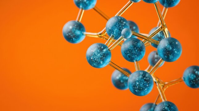 Close-up of blue bubbly glass 3D spheres with golden rods on a bright orange background. Bold abstract wallpaper with complementary colors and negative space on the left.