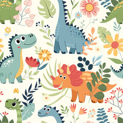 Seamless pattern with cute dinosaurs, exotic plants and flowers. Vector repeating background with prehistoric animal for textile, nursery wallpaper, fabric design and stationery print. © An Chubenko