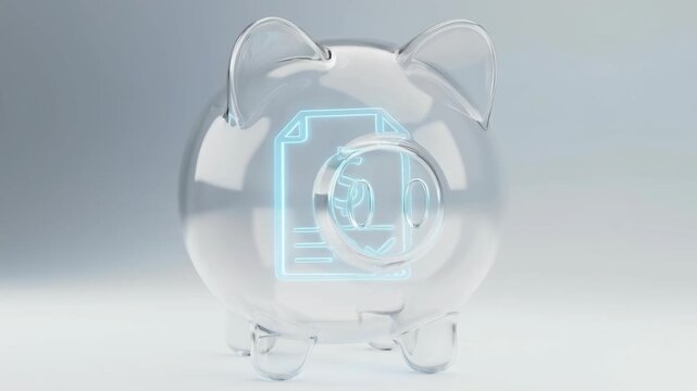 Transparent glass piggy bank 3D render with digital document and finance checklist icons for financial tax planning budget savings money