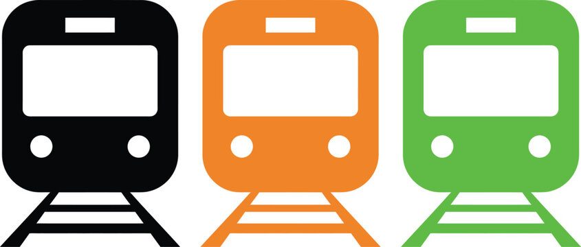 Three colored trams on parallel tracks in a simplified illustration