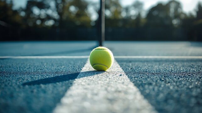 Generative Ai a single bright yellow tennis ball positioned on the white baseline of an outdoor