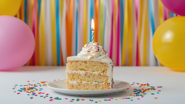 Slice of birthday cake with whipped cream, sprinkles, and a candle on a festive table.