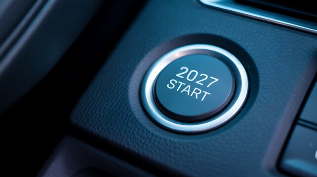 Car start button, modern vehicle interior, 2027 start button, automotive detail, close-up