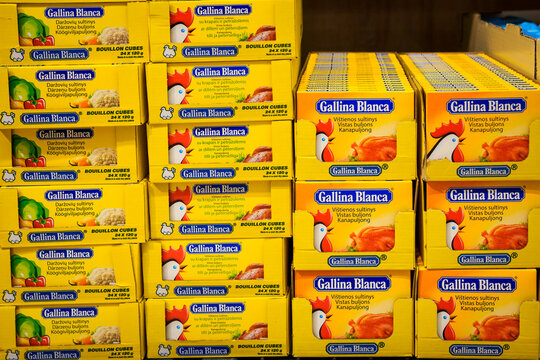 RIGA, LATVIA. 12th March 2026 Gallina Blanca, bouillon cubes, stock cubes, broth, food packaging, supermarket shelf, grocery store