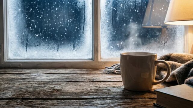 Cozy cafe winter mood with steaming coffee mug, rustic wooden table by frosty window, warm lamp light and soft scarf for calm reading
