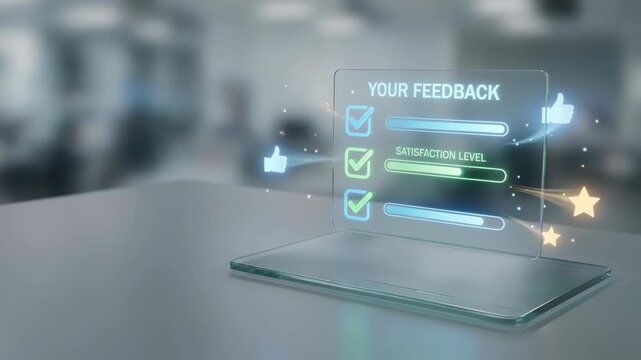 Customer support feedback survey interface satisfaction rating icon glass display office background for service quality user experience evaluation