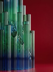 Obraz premium High-resolution close-up of fluted blue and green gradient glass columns on a deep crimson red background.