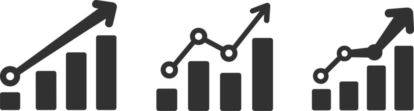 Set of Three Business Growth Icons Featuring Rising Bar Charts and Upward Trending Arrows

Minimalist Black and White Financial Infographic Icons Representing Success and Progress