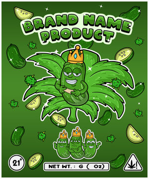 Cartoon cucumber flavor with cannabis leaf, designed for logo, label or packaging