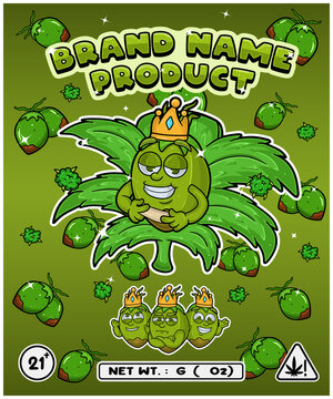 Cartoon coconut flavor with cannabis leaf, designed for logo, label or packaging